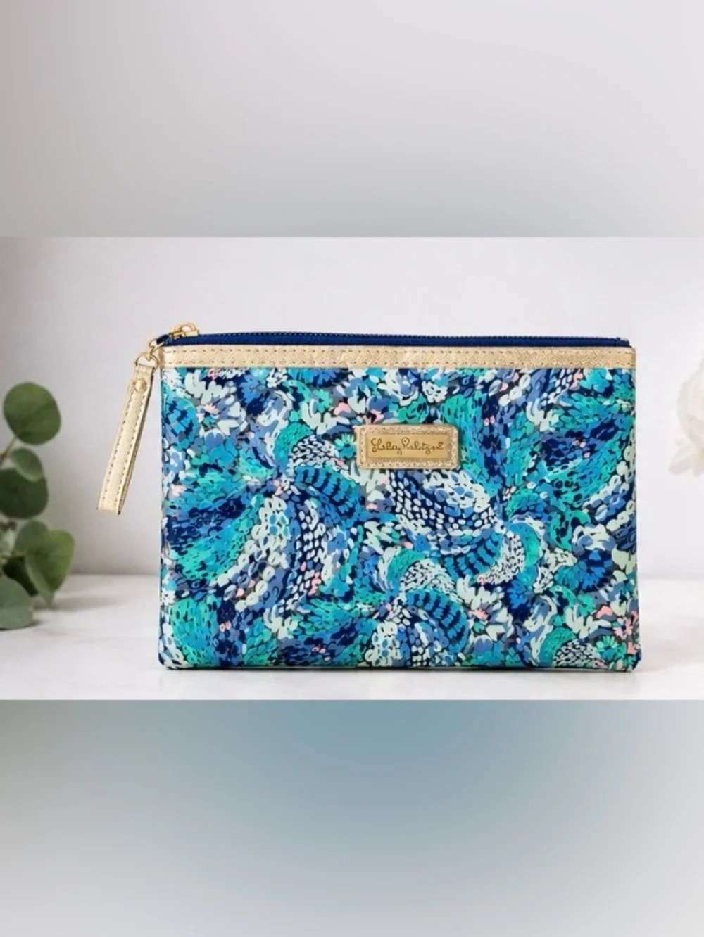 Lilly Pulitzer Teal & Blue Floral Zip Cosmetic Pouch with Gold Trim